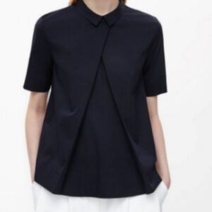 COS Solid Navy Crisp Collar Popover Pleated Front Top Blouse Minimalist Eu 44